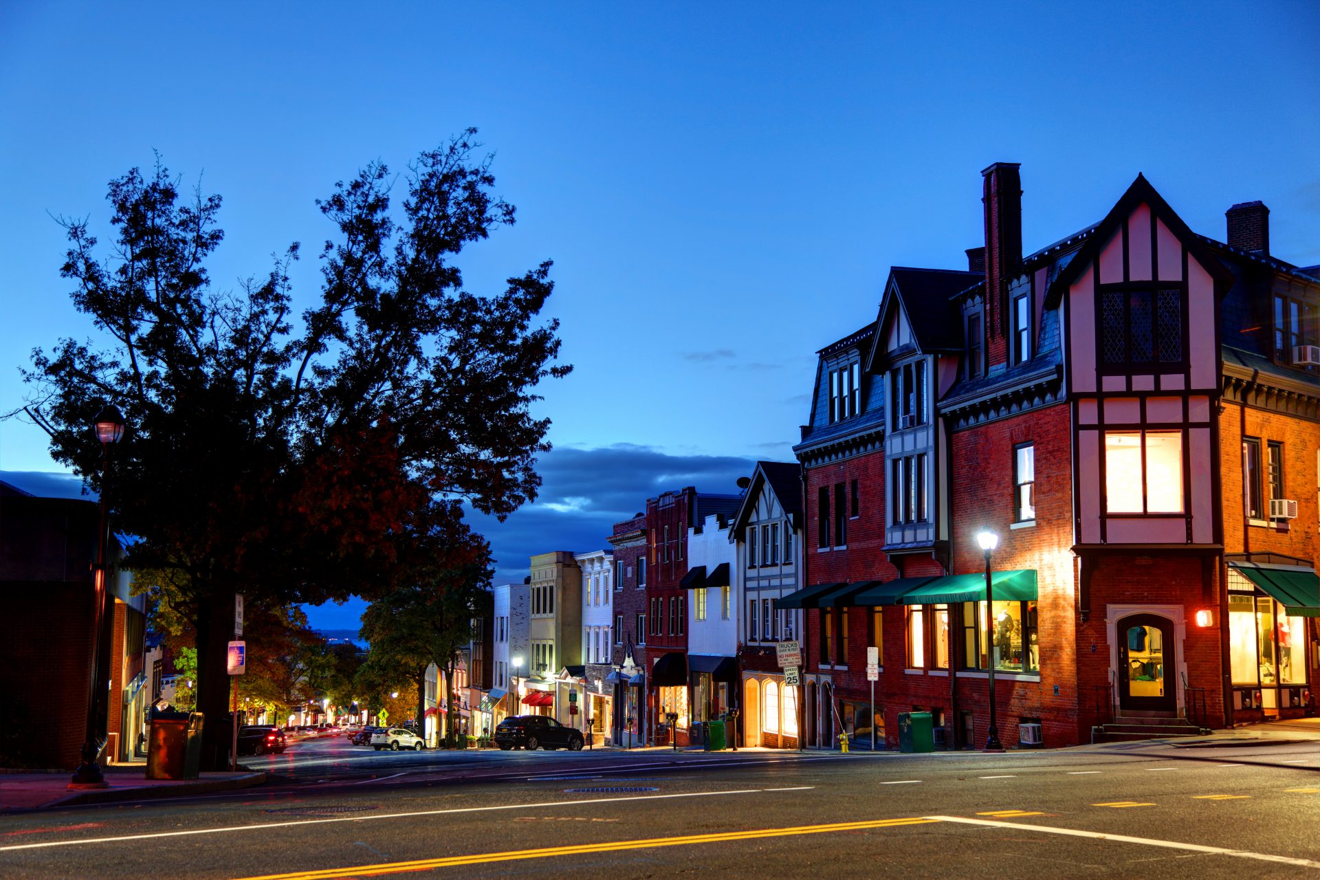 Downtown Greenwhich, Connecticut at dusk