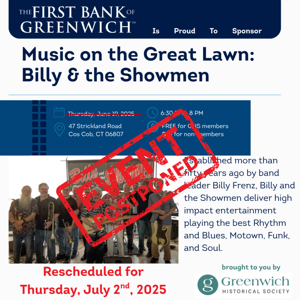 Image showing an invitation to see Billy and the Showmen at the Greenwich Historical Society with an image of the band and information on the date, time, location and cost.