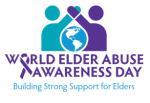 World Elder Abuse Awareness Day logo: 2 people holding hands over the planet Earth