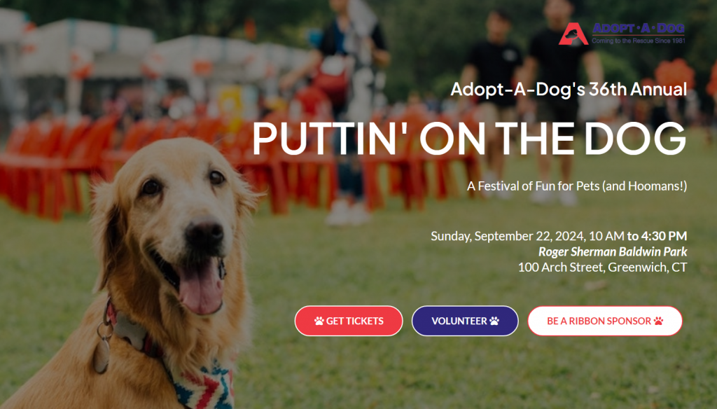 Image of yellow Lab advertising Adopt-A-Dog’s Annual Puttin’ On The Dog Festival 