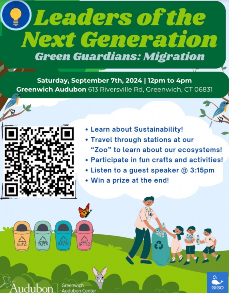 Flyer advertising the Leaders of the Next Generation's "Migration" event at the Greenwich Audubon on Saturday, September 7th from 12pm to 4pm.