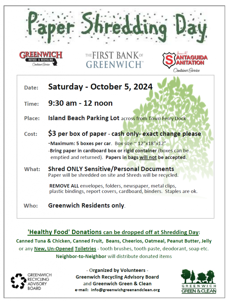 Flyer advertising the Bank's annual paper shredding event on October 5th, 2024 from 9:3AM to noon at the Island Beach parking lot.