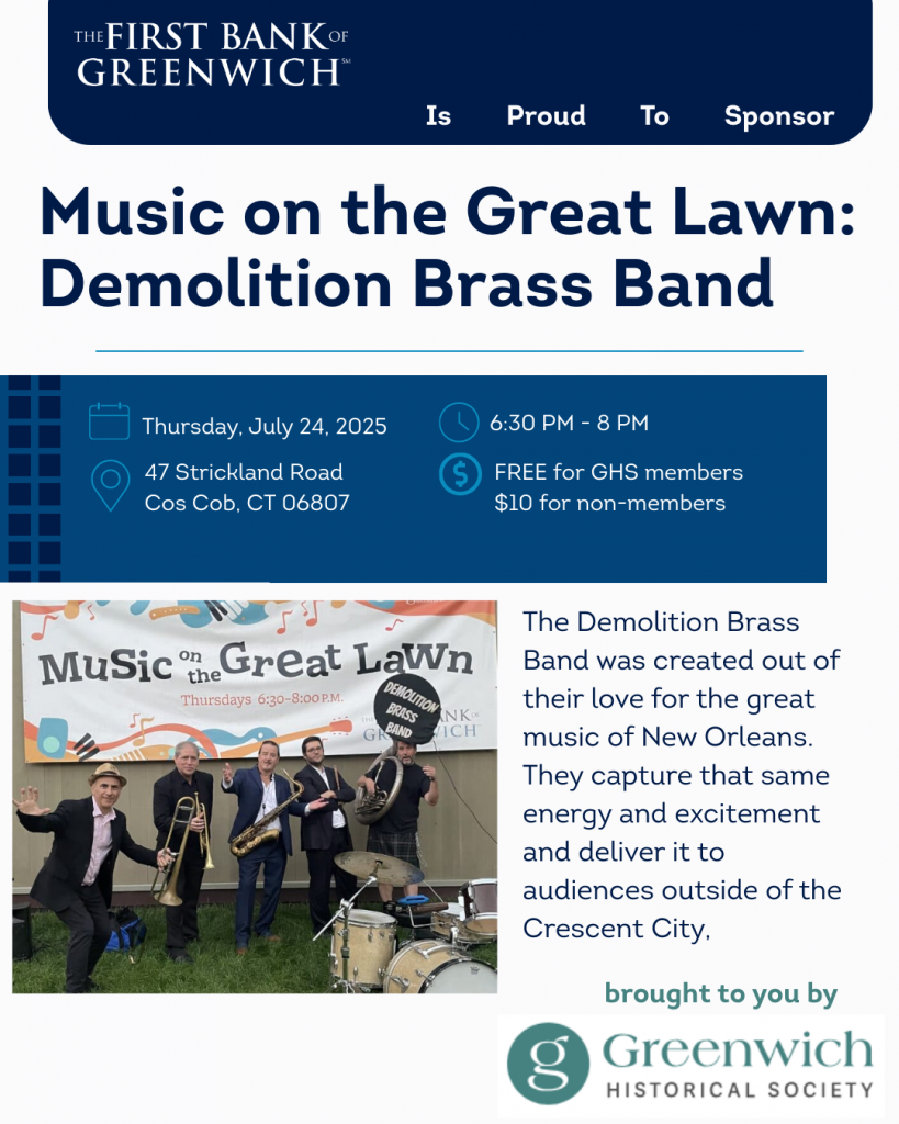 Image showing an invitation to see the Demolition Brass Band at the Greenwich Historical Society with an image of the band and information on the date, time, location and cost.