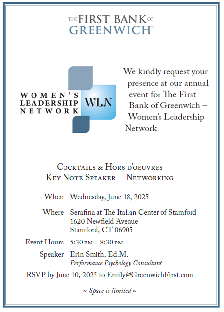 Image of invitation to Women's Event featuring Erin Smith, Performance Psychology Consultant. at Seraphina at the Italian Center of Stamford.