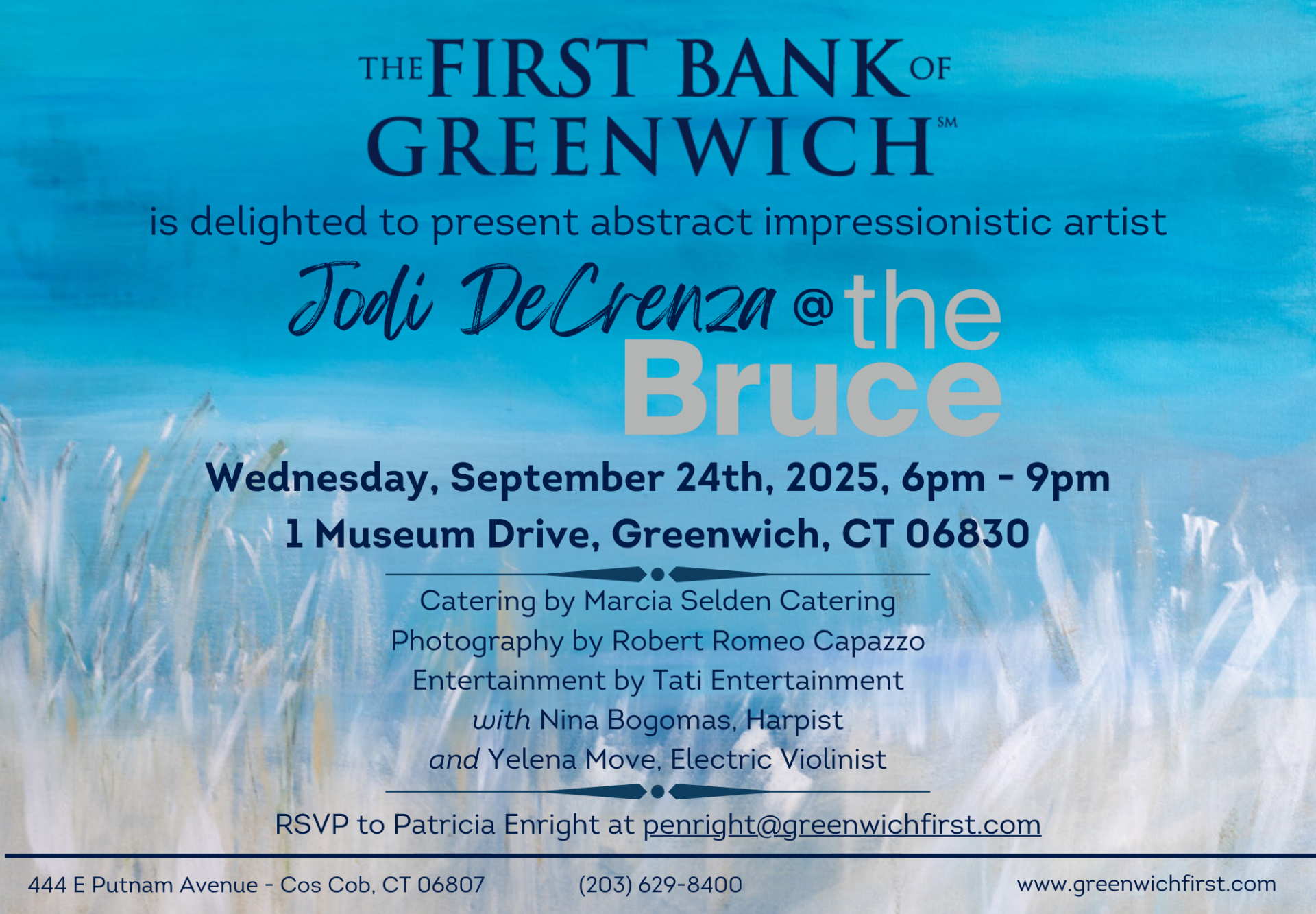Image of the invitation to see Jodi DeCrenza at the Bruce Museum on Wednesday, September 24th at 6pm. The background of the invitation is her piece titled "Summer's End".