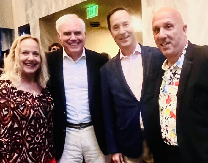 (Left to Right) Tracey Thomas, Publisher and Editor-in-Chief of Venu Magazine, Mark Barry, Chief Operating Officer and Treasurer of the Connecticut Bankers Association, Tom Mongellow, President and Chief Executive Officer of the Connecticut Bankers Association and Frank J. Gaudio, President and Chief Executive Officer of The First Bank of Greenwich at The First Bank of Greenwich event honoring Jodi DeCrenza at The Bruce Museum last week.