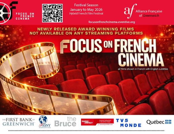 Image showing an advertisement for the Greenwich Alliance Francaise's 21st Annual Focus on French Cinema Film Festival with a list of sponsors.