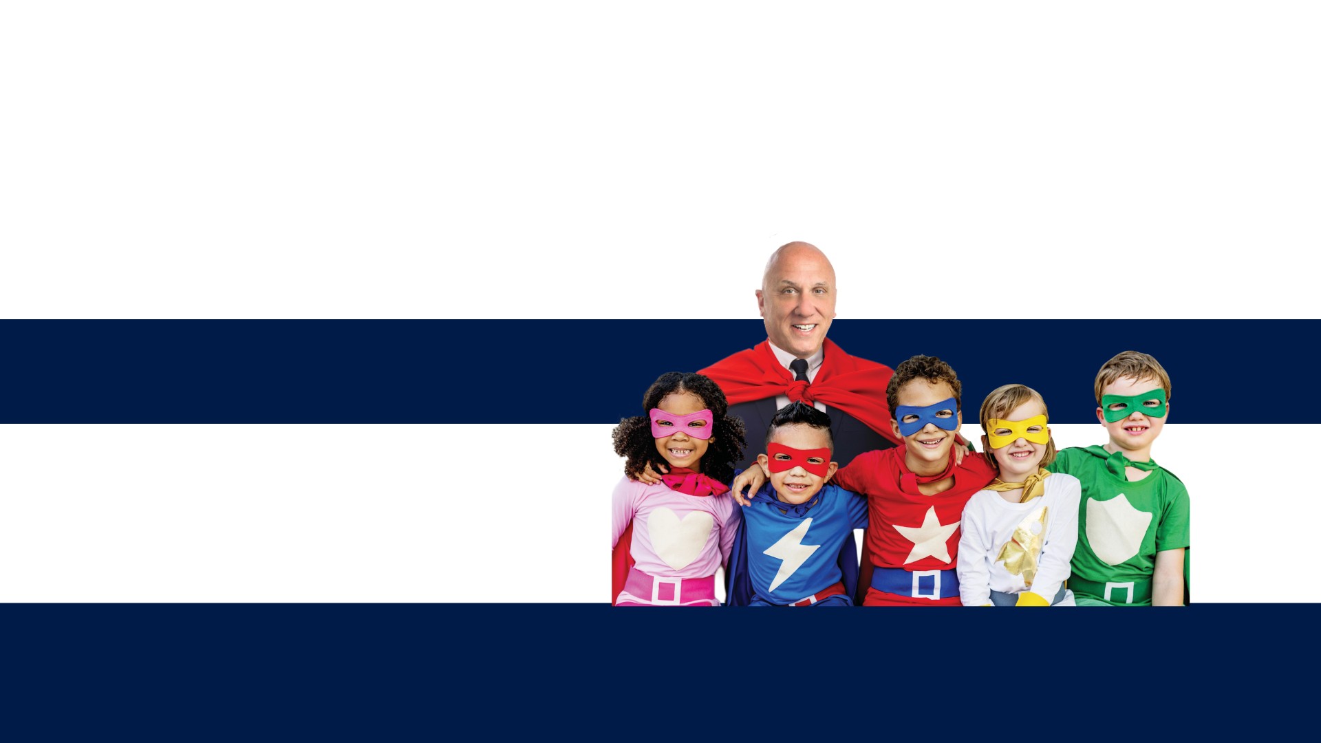 Image showing the Bank president in a superhero cape in the background with children in hero costumes and capes in his foreground. There is a navy bar in the middle of the image behind the people and another navy bar beneath them.