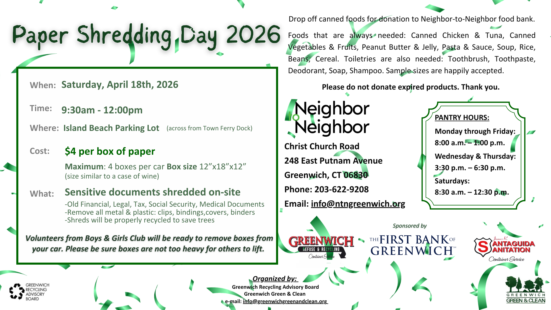 Flyer announcing the Bank's annual Paper Shredding Event on Saturday, April 18th, 2026 at Island Beach Parking Lot in Greenwich, CT at 9:30AM.