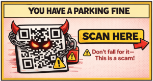 Image of a parking fine ticket with red eyes and devil horns reading "Scan here". Below it reads "Don't fall for it- this is a scam!".